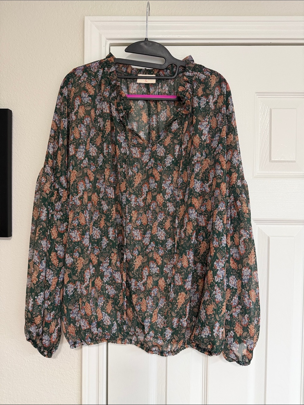 Sheer Green Floral Peasant Blouse